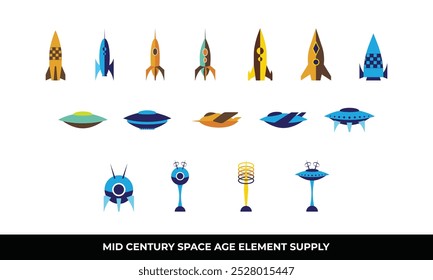 Mid-Century Space Age Icon set Illustrations, featuring retro-futuristic designs perfect for vintage and sci-fi themes