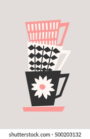 Mid-century style illustration of stacked coffee cups in black, pastel pink and cream on taupe background. Stylish and modern greeting card, flyer, cover, wall art design.