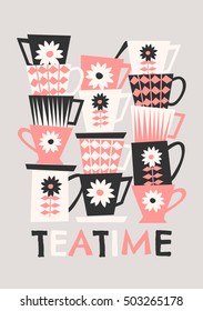 Mid-century style illustration of stacked coffee cups in black, pastel pink and cream on taupe background. Stylish and modern greeting card, flyer, cover, wall art design.