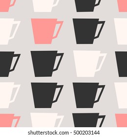 Mid-century style seamless repeating pattern with coffee cups in black, pastel pink and cream on taupe background. Stylish and modern greeting card, wrapping paper, party invitation, wall art design.
