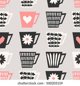 Mid-century style seamless repeating pattern with coffee cups in black, pastel pink and cream on taupe background. Stylish and modern greeting card, wrapping paper, party invitation, wall art design.