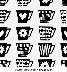 Mid-century style seamless repeating pattern with coffee cups in black on cream background. Stylish and modern greeting card, wrapping paper, party invitation, wall art design.