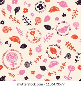 Mid-century Summer pattern. Retro vintage fifties styled seamless pattern inspired on Summer featuring leaves, flowers, birds and nature illustrations.