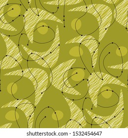 Midcentury Vibes Green Pattern With Boomerang Shapes. Retro Style Geometric Forms And Lines Seamless Pattern For Background, Fabric, Textile, Wrap, Surface, Web And Print Design.
