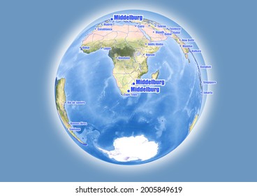 Middelburg-South Africa is shown on vector globe map. The map shows Middelburg-South Africa 's location in the world.