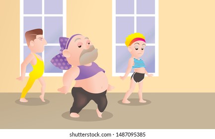 Middle Age Of Bald Fat Gay Man And His Friend In Dancing Suit With Headband. Concept Of Healthy LGBT Or Gay Life Style And Social Wealthness.