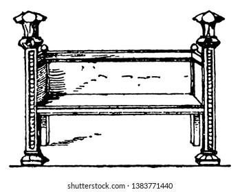 Middle Age bench with armrest and back rest at the same level, seating is high above the ground, vintage line drawing or engraving illustration