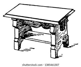 El banco de la edad media también puede utilizarse como mesa, tiene una pequeña losa que conecta las piernas de la mesa, el dibujo de la línea vintage o la ilustración de grabado
