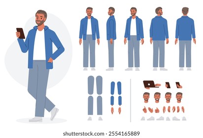 Middle age business man character constructor for animation. Front, side and back view set. Body parts, postures, poses collection. Vector illustration.