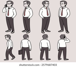 Middle age business man character constructor for animation. Front, side and back view set. Body parts, postures, poses collection. Vector illustration