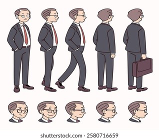 Middle age business man character constructor for animation. Front, side and back view set. Body parts, postures, poses collection. Vector illustration