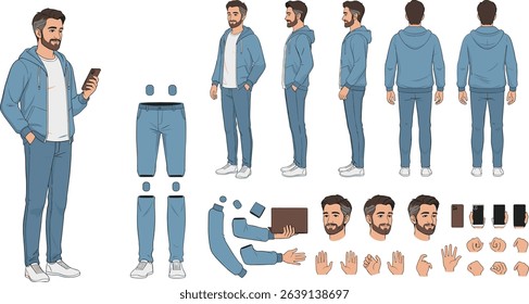 Middle age business man character constructor for animation. Front, side and back view set. Body parts, postures, poses collection.