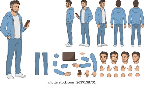 Middle age business man character constructor for animation. Front, side and back view set. Body parts, postures, poses collection.