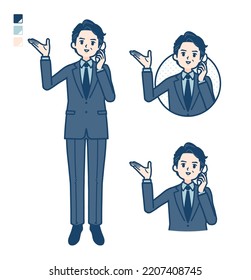 A middle age Businessman in a suit with Call on smartphone images.It's vector art so it's easy to edit.