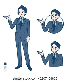 A middle age Businessman in a suit with Explanation images.It's vector art so it's easy to edit.