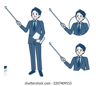 A middle age Businessman in a suit with Explanation with a pointing stick images.It's vector art so it's easy to edit.