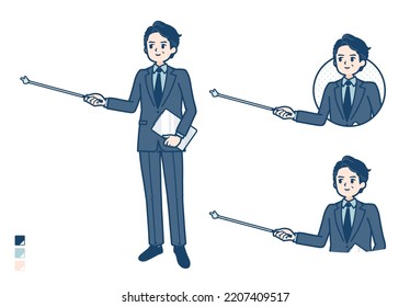 A middle age Businessman in a suit with Explanation with a pointing stick images.It's vector art so it's easy to edit.