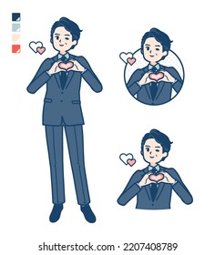 A middle age Businessman in a suit with making a heart symbol by hand images.It's vector art so it's easy to edit.