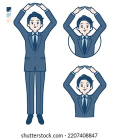 A middle age Businessman in a suit with Making a circle with arms images.It's vector art so it's easy to edit.