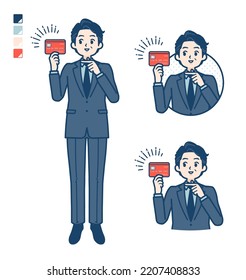 A middle age Businessman in a suit with pointing at credit card images.It's vector art so it's easy to edit.