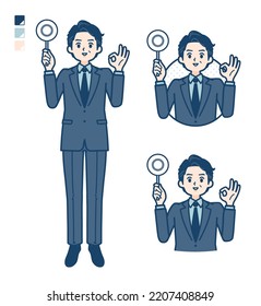 A middle age Businessman in a suit with Put out a circle panel images.It's vector art so it's easy to edit.