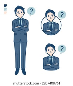 A middle age Businessman in a suit with Question images.It's vector art so it's easy to edit.