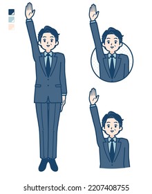 A middle age Businessman in a suit with raise hand images.It's vector art so it's easy to edit.