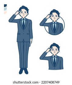 A middle age Businessman in a suit with salute images.It's vector art so it's easy to edit.