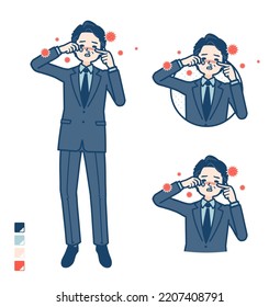 A middle age Businessman in a suit with Suffer from pollen allergy images.It's vector art so it's easy to edit.