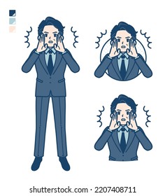 A middle age Businessman in a suit with Warned loudly images.It's vector art so it's easy to edit.