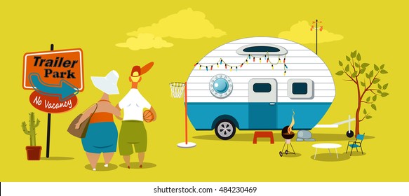 Middle Age Couple Standing Near The Sign At The Trailer Park, Looking At The Vintage Camper, EPS 8 Vector Illustration, No Transparencies