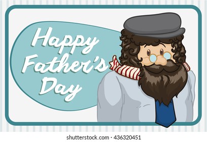 Middle age dad with beard, beret, scarf and wearing glasses posing in greeting sign for Father's Day.