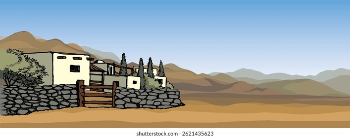 Middle age egypt cairo orient hot dry ground hill arid drought rock land oasis park scene text place sky scenic view. Hand draw asian iran oman road scene retro cartoon biblic vector art sketch style