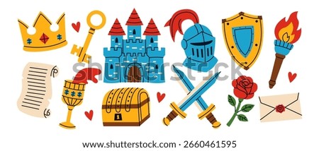 Middle Age elements set. Crown, castle, knight, rose, swords, shield, letter, torch, key etc. Fairytale stickers in Medieval style. Vector illustration isolated on white background.