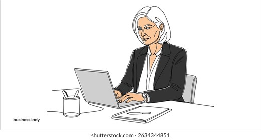 Middle age European business woman CEO using laptop application for work at table workspace in office continuous single line art drawing sketch on white background	
