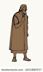 Idade média manto judeu pano cara triste Moisés preocupam-se chateado olhar pedir a Deus falar Jesus Cristo assur fé confiança. Desenhado a mão asiático pensar crise perdida sentir estresse Peter biblic história arte esboço história cultura