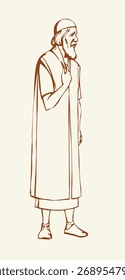 Middle age Jew robe cloth sad guy Moses troubl worry upset look ask god talk Jesus Christ assur faith trust. Hand drawn Asian think lost crisis feel stress Peter biblic story art sketch history cultur