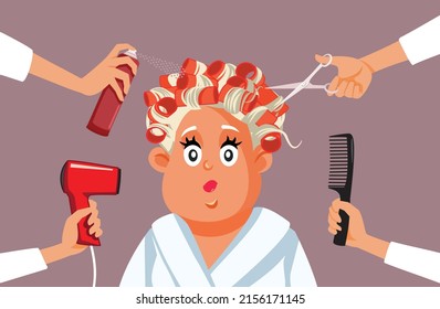 
Middle Age Lady Receiving a Make-Over in a Professional Salon. Elderly woman getting her hair done by hairstylists 
