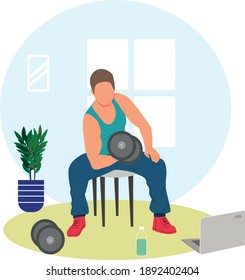 Middle age man doing fitness workouts at home.