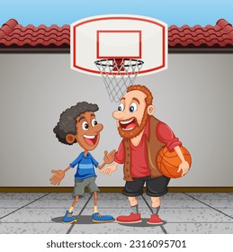 Middle age man playing basketball with a boy illustration