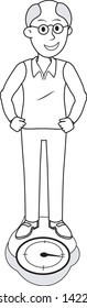 A middle age man seeing weight on a weighing scale happy