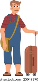 Middle age man with suitcase. Cartoon traveler character