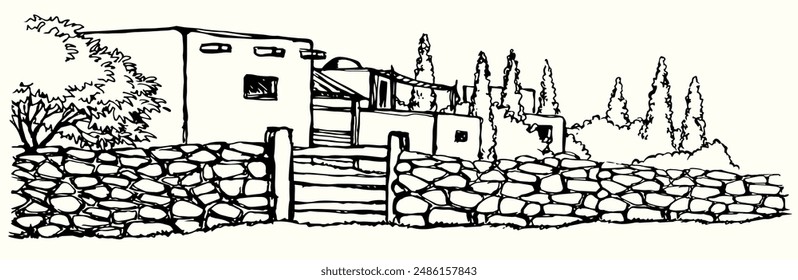 Middle age orient islam rock stone fence wall door rustic Ksar road bible nature desert oasis tree land scenic view. Hand draw biblic art style Iran Oman facade exterior white summer even sky symbol