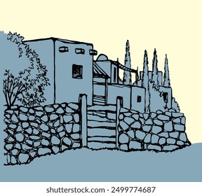Middle age orient islam rock stone fence wall door rustic Ksar road bible nature desert oasis tree land scenic view. Hand draw biblic art style Iran Oman facade exterior white summer even sky symbol