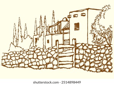 Middle age orient islam rock stone fence wall door rustic Ksar road bible nature desert oasis tree land scenic view. Hand draw biblic art style Iran Oman facade exterior white summer even sky symbol