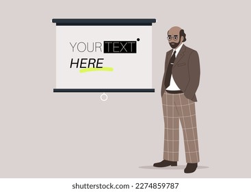 A middle age professor standing next to a screen template, your text here