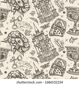 Middle age seamless pattern. Traditional tattooing style. Medieval style. Old school tattoo. Warrior crusader, sacred holy grail, ancient castle, occult hands, all seeing eye, sword and arrows 