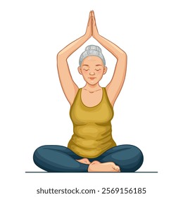 Middle age woman sitting in Yoga pose. Concept of calm and meditation. Vector image on white background