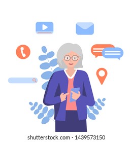 Middle Age Woman Using Smartphone In Good Level. Active Social Network User In Senior Citizen, Elderly Age. Vector Concepts Illustration.