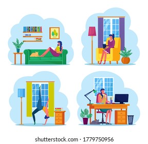 Middle age woman working at home. Character sitting on sofa, at desk, using computer. Girl doing yoga, pilates, exercises, stretching. Remote freelance work, online study, education. Vector design